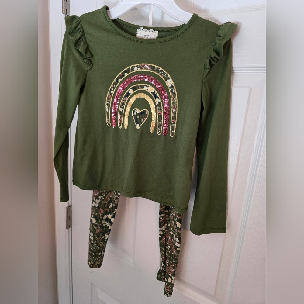btween Olive Green Long Sleeve Shirt with Rainbow Design And Matching Legging
